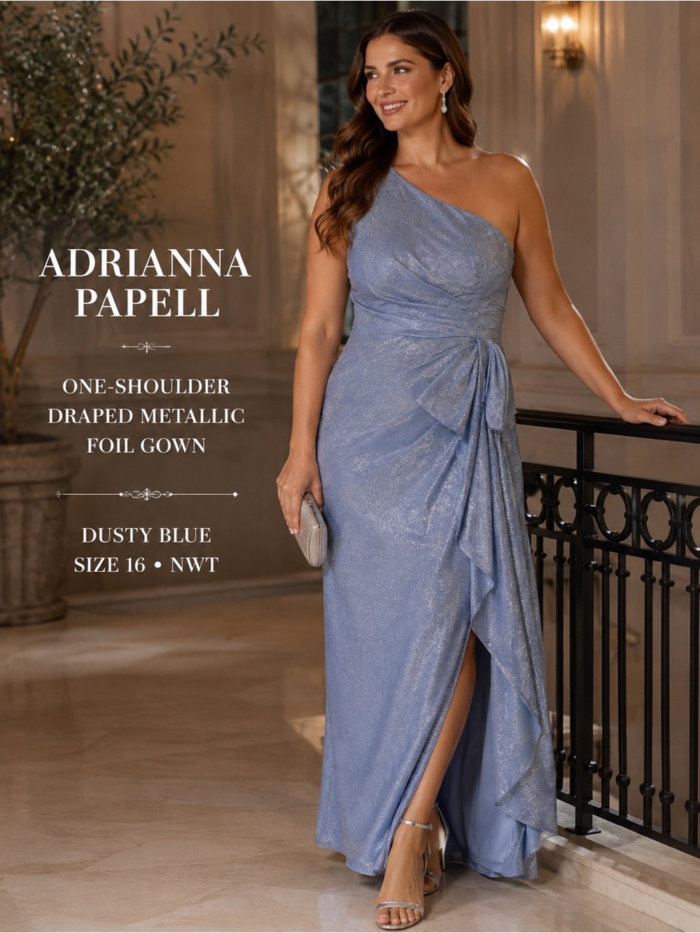 Adrianna Papell Metallic Knit One Shoulder Draped Gown Dusty Blue Size 16 NWT